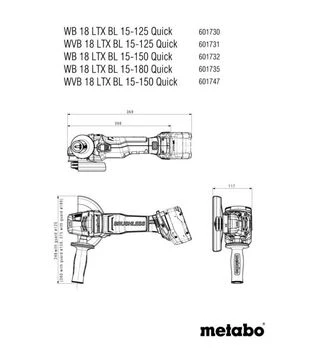 Кутова шліфмашина акумуляторна Metabo WB 18 LTX BL 15-125 Quick, 2x5,5 А*Год, metaBOX (601730660)
