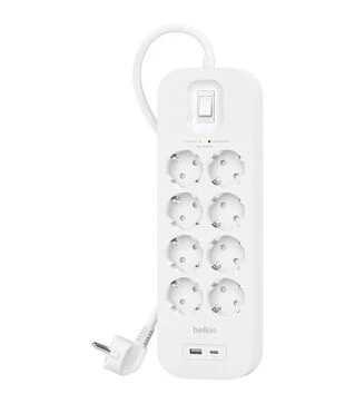 Мережевий подовжувач-фільтр Belkin 3х1,5 мм&sup2;, 8 розеток, USB-A/C 18 Вт, білий, 2 м (SRB003VF2M-V2)