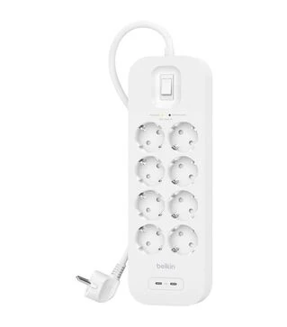 Сетевой удлинитель-фильтр Belkin 3х1,5 мм&sup2;, 8 розеток, USB-C/C 30 Вт, белый, 2 м (SRB004VF2M)