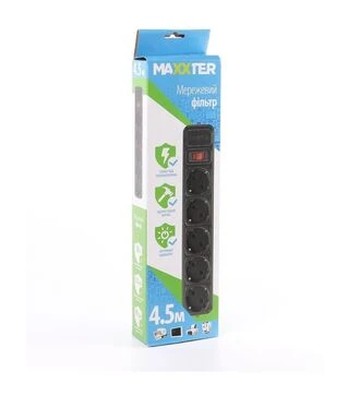 Мережевий подовжувач-фільтр Maxxter 5 розеток, чорний, 4,5 м (SPM5-G-15B)